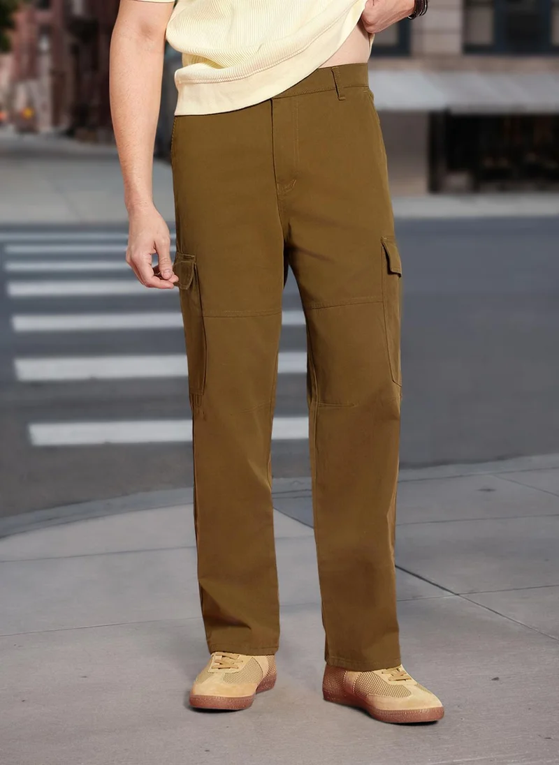 Urbano Fashion Men's Tobacco Loose Baggy Fit Solid Cargo Chino Pant with 6 Pockets Non-Stretchable